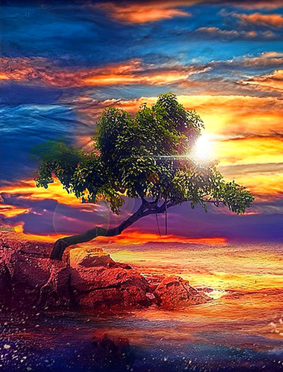 Arbre Incliné sous le Soleil Couchant Broderie Diamant