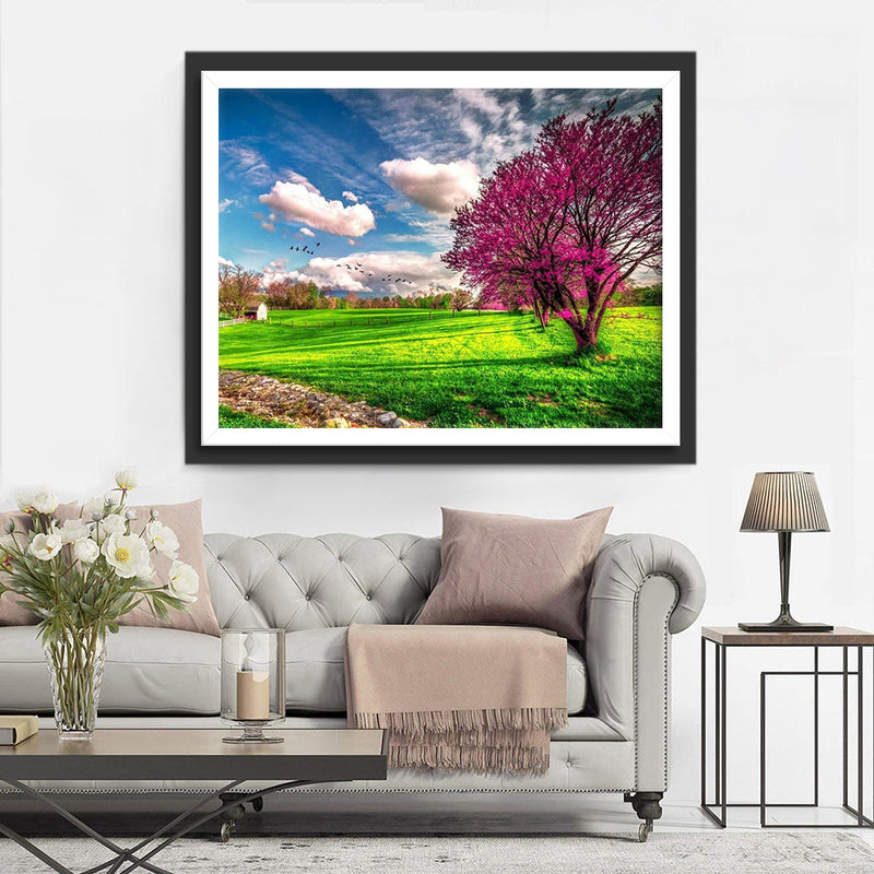 Arbre Rose et Pelouse Broderie Diamant