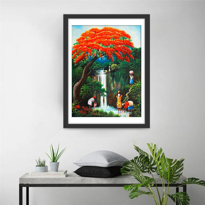 Arbre Rouge Chute et Femmes Broderie Diamant