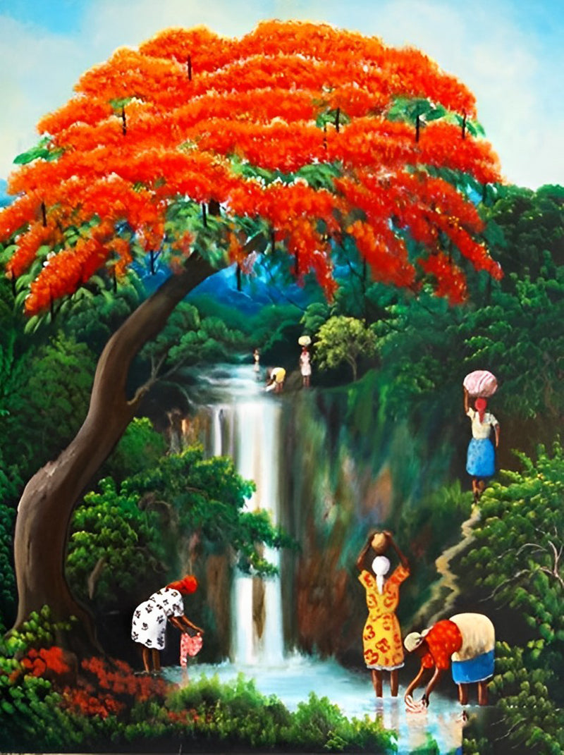 Arbre Rouge Chute et Femmes Broderie Diamant