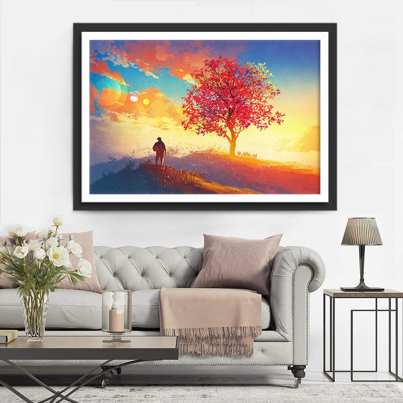 Arbre Rouge et Alpiniste Broderie Diamant