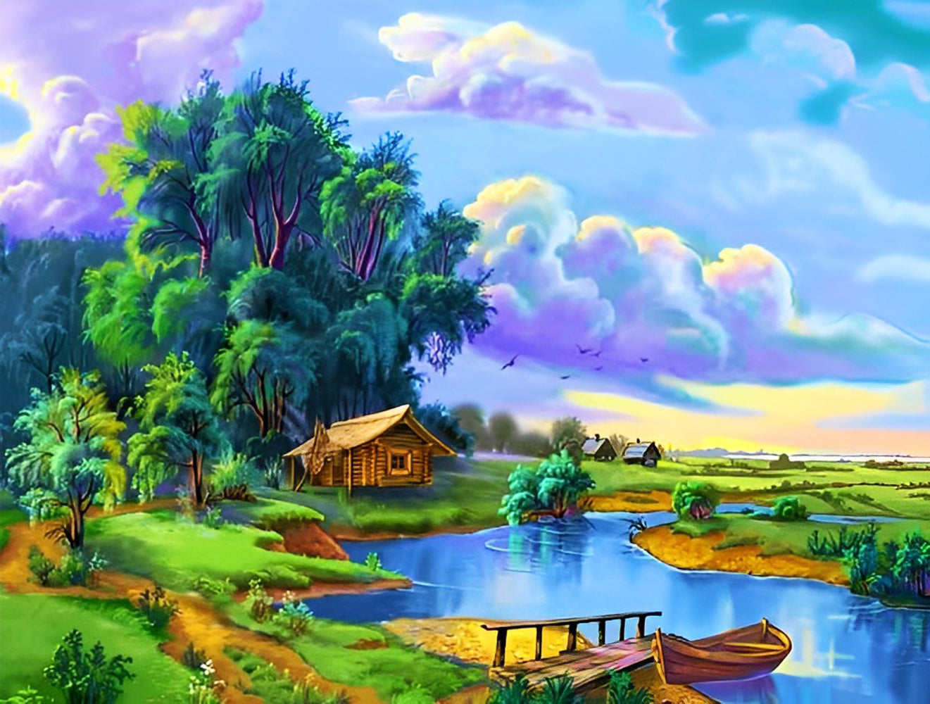 Arbres et Nuages Violets Broderie Diamant