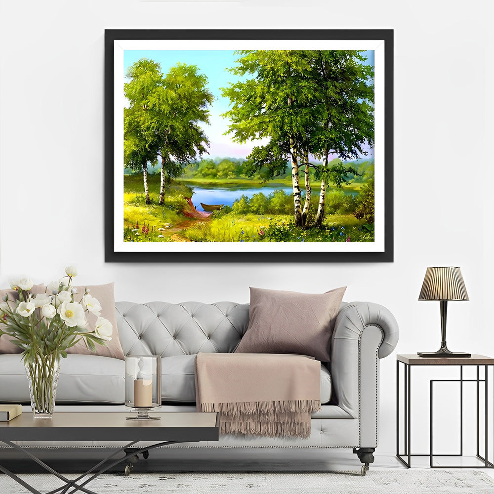 Arbres Verts et Petit Lac Broderie Diamant