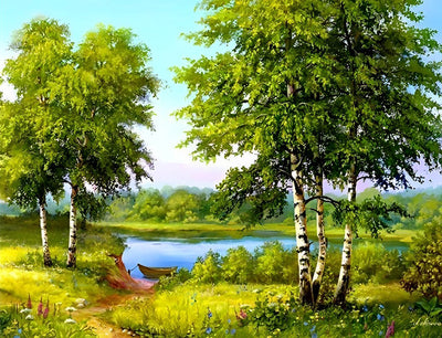 Arbres Verts et Petit Lac Broderie Diamant