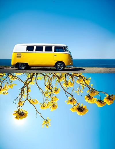 Autobus et Fleurs Jaunes Broderie Diamant