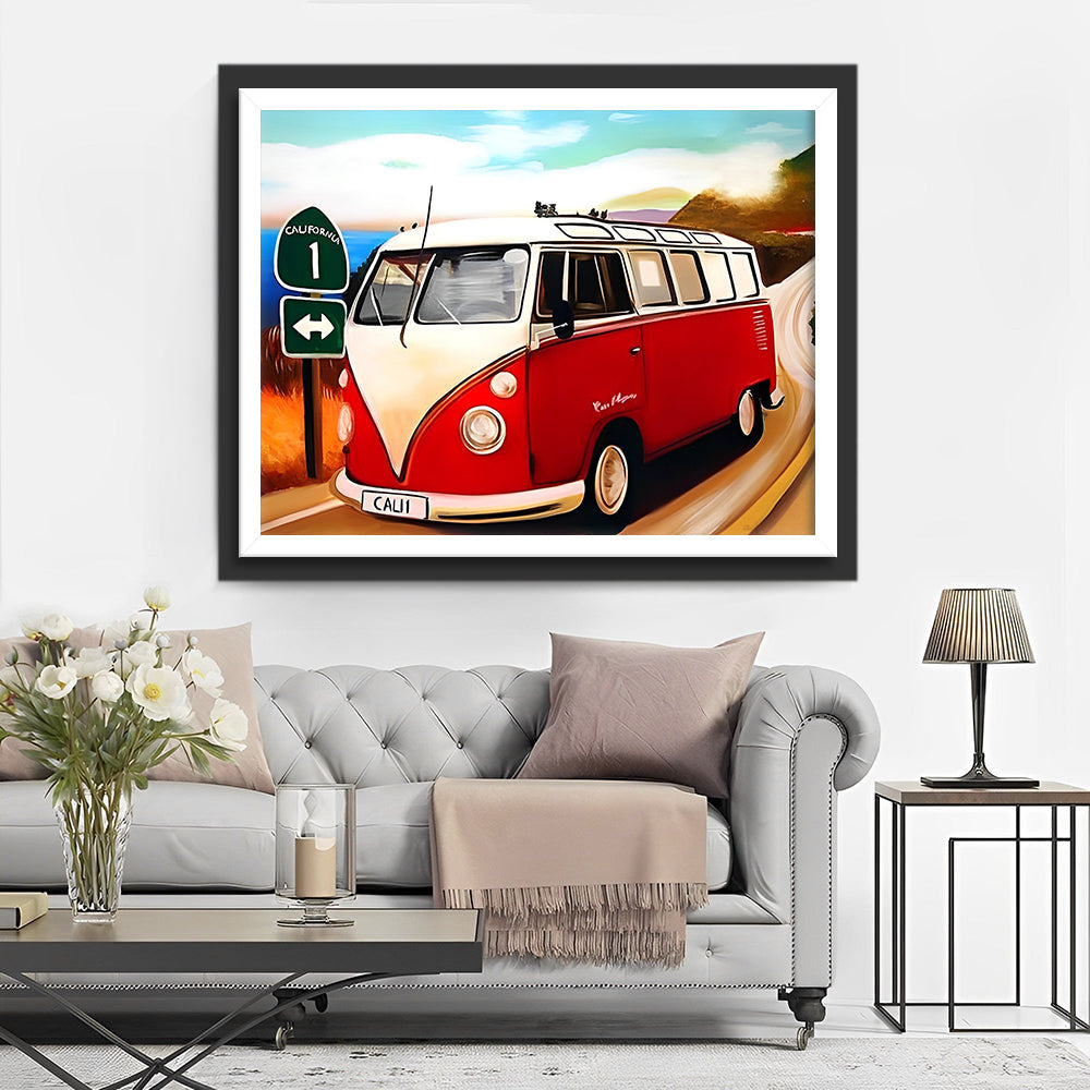 Autobus Rouge et Blanc au Bord de l'Eau Broderie Diamant