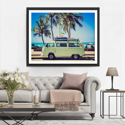 Autobus Vert sur la Plage Broderie Diamant