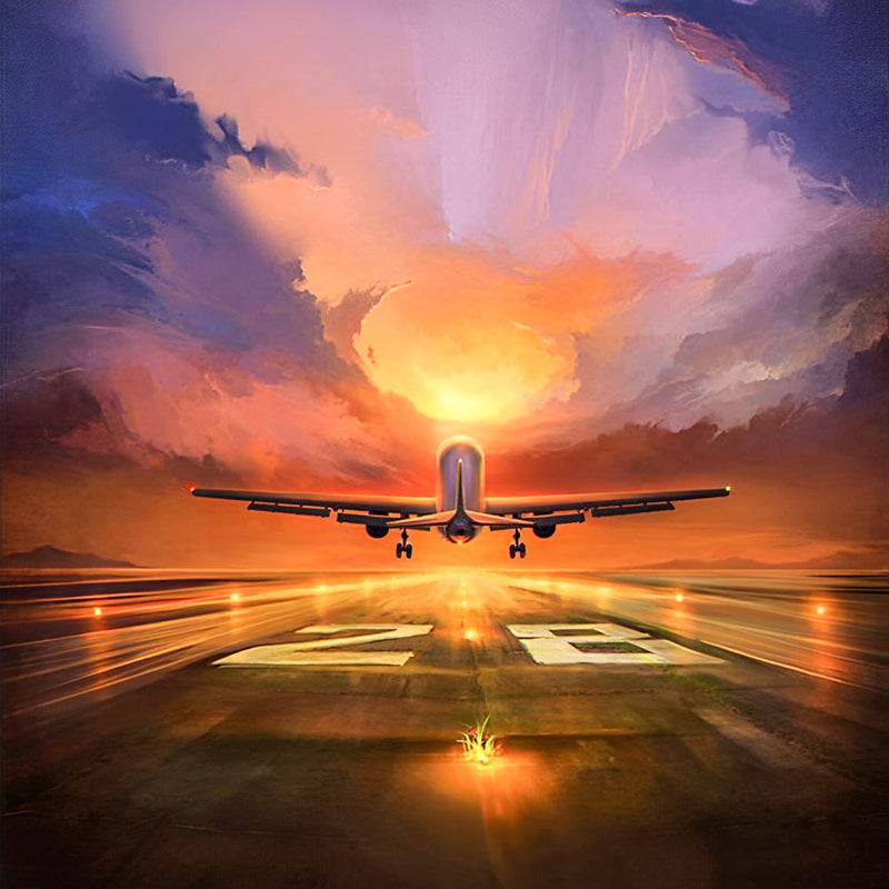 Avion et Soleil Couchant Broderie Diamant