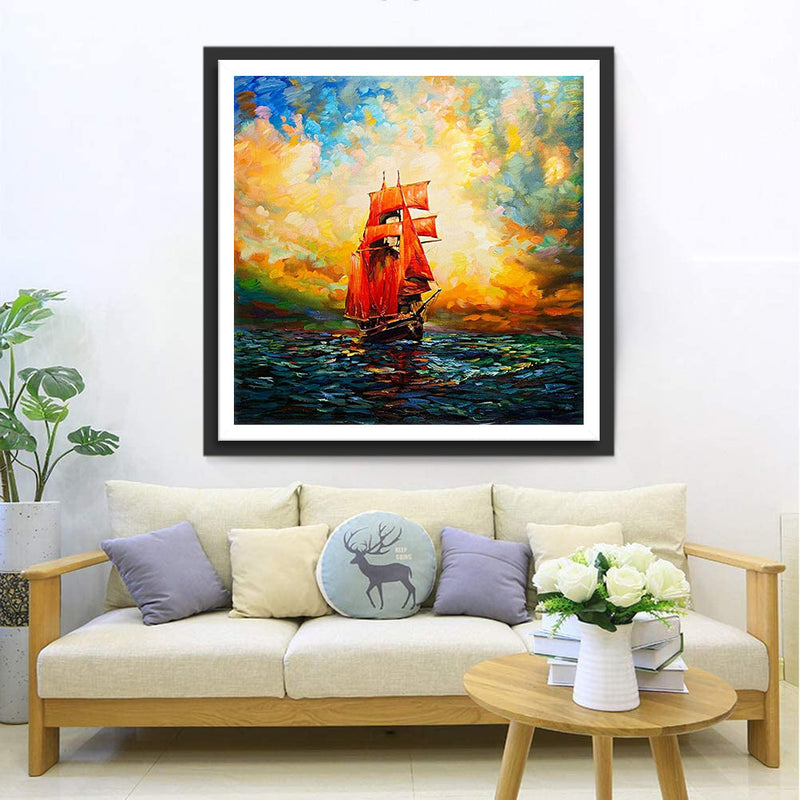 Bateau à Voile Rouge Broderie Diamant