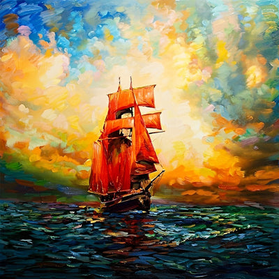 Bateau à Voile Rouge Broderie Diamant