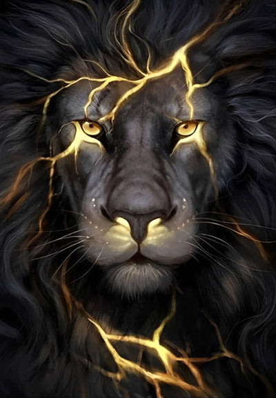 Beau Lion Noir avec des Motifs Dorés Broderie Diamant
