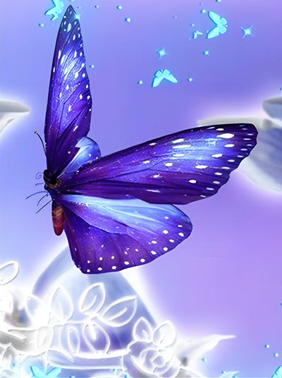 Beau Papillon Violet et des Petits Papillons Bleus Broderie Diamant