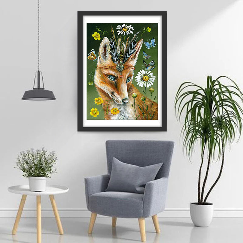 Beau Renard Roux et Fleurs Broderie Diamant