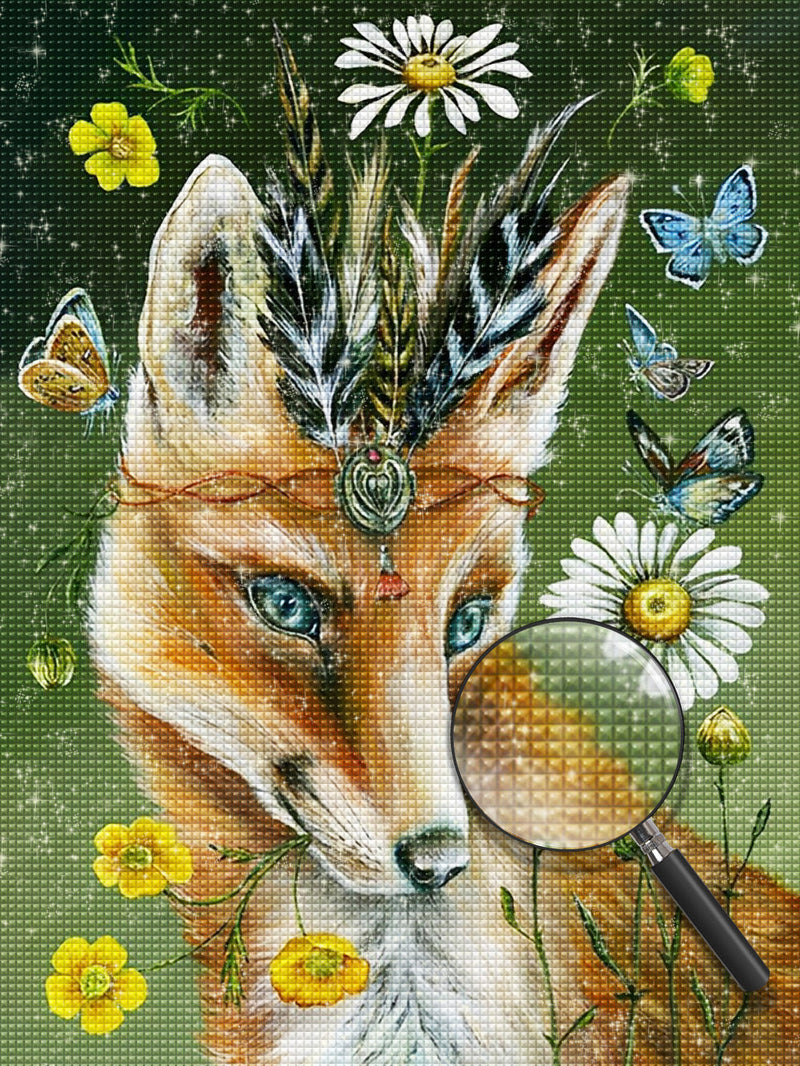 Beau Renard Roux et Fleurs Broderie Diamant