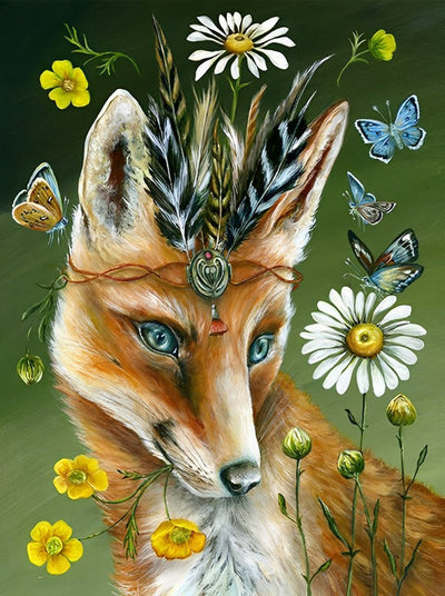 Beau Renard Roux et Fleurs Broderie Diamant