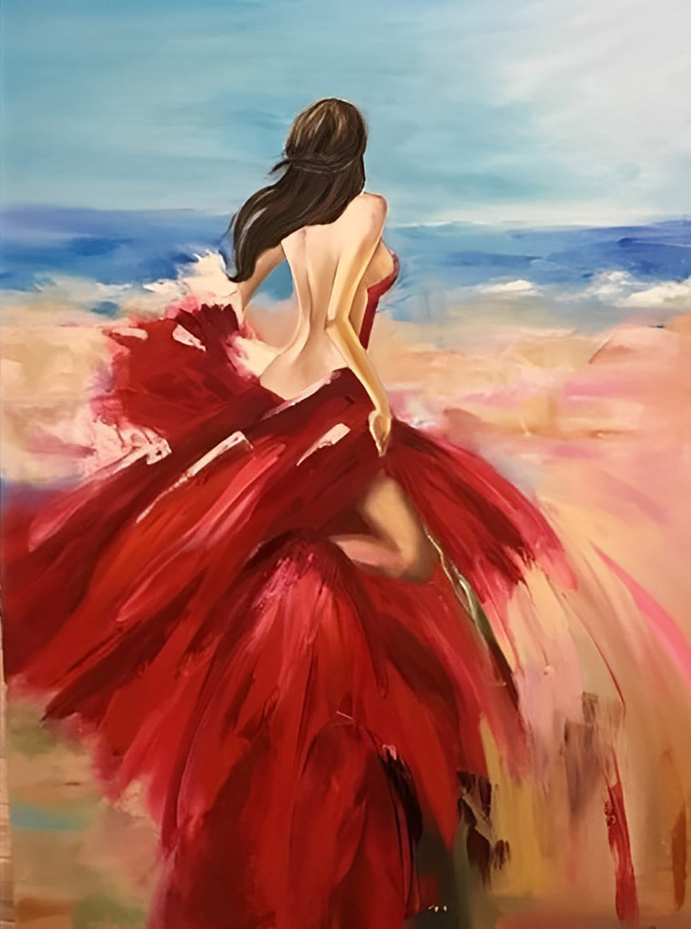 Belle Femme en Robe Rouge au Bord de Mer Broderie Diamant