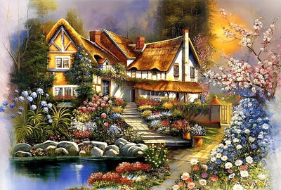 Belle Maison et Fleurs Broderie Diamant