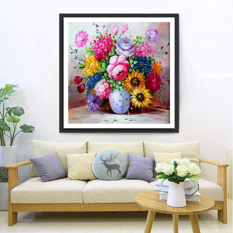 Belles Fleurs Colorées dans un Vase Broderie Diamant