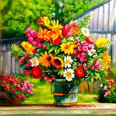 Belles Fleurs dans le Seau Broderie Diamant