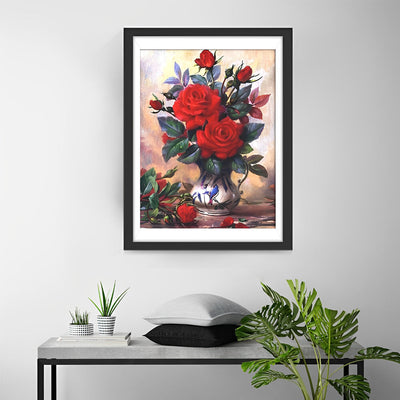 Belles Roses Rouges dans un Vase Broderie Diamant