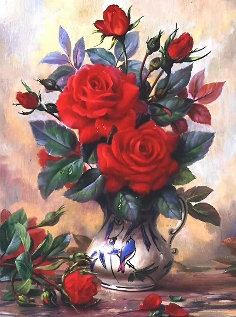 Belles Roses Rouges dans un Vase Broderie Diamant