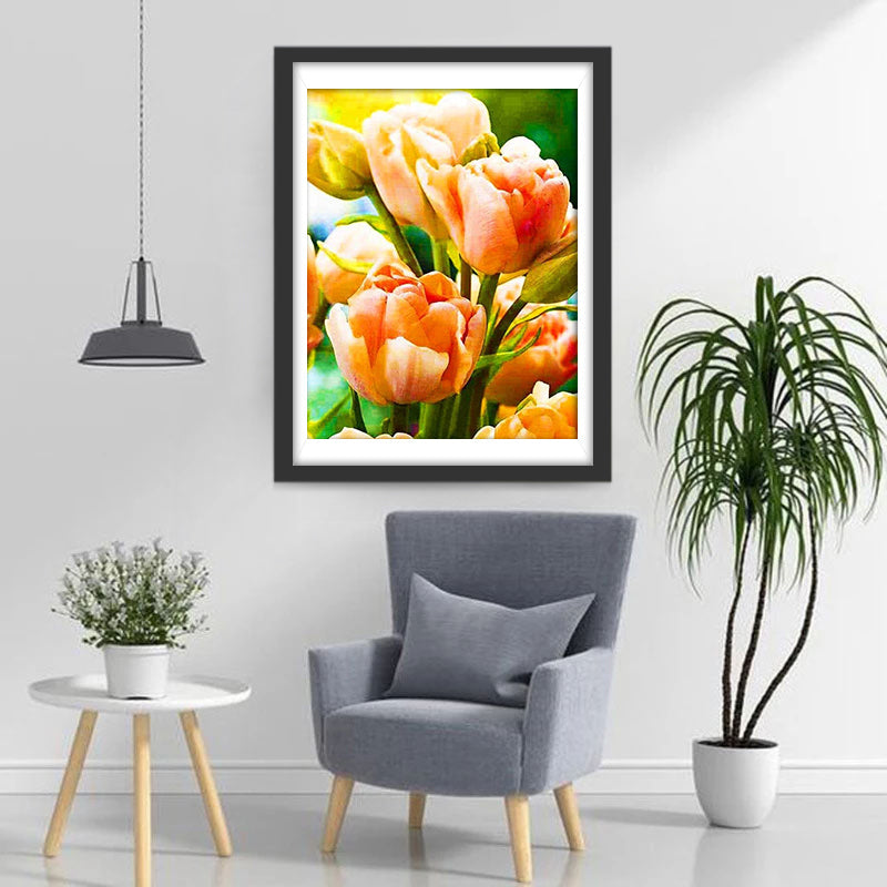 Belles Tulipe Rose-Orange Broderie Diamant