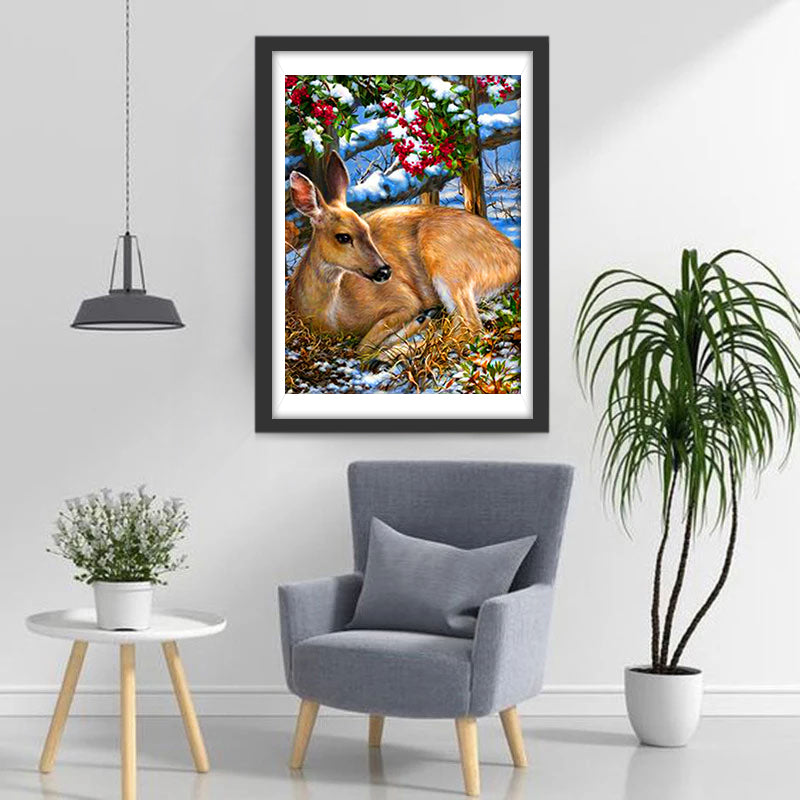 Biche et Fruits Rouges Broderie Diamant