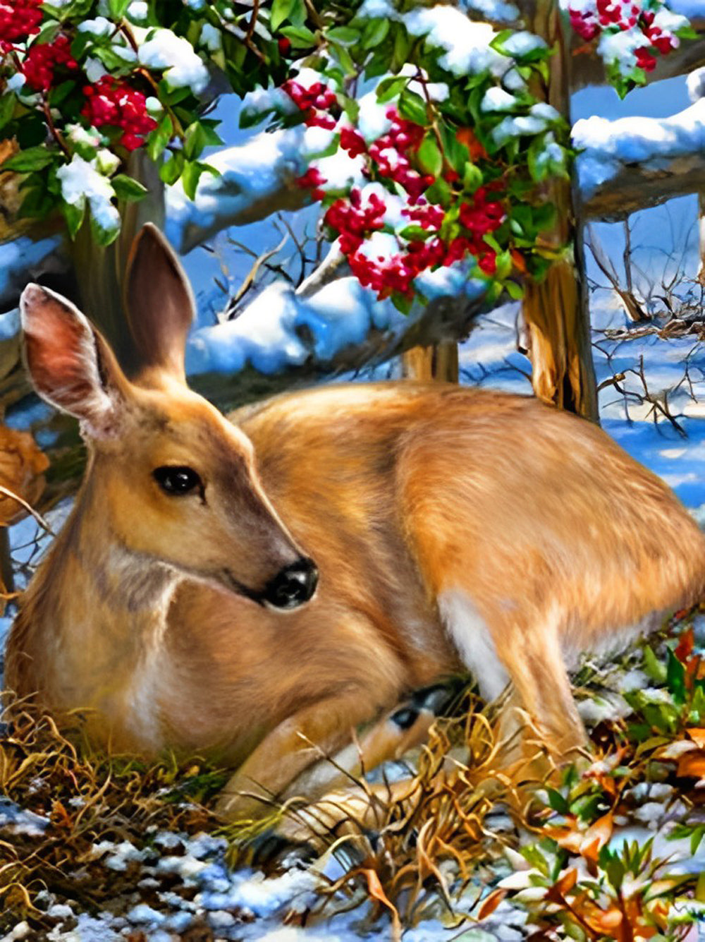 Biche et Fruits Rouges Broderie Diamant