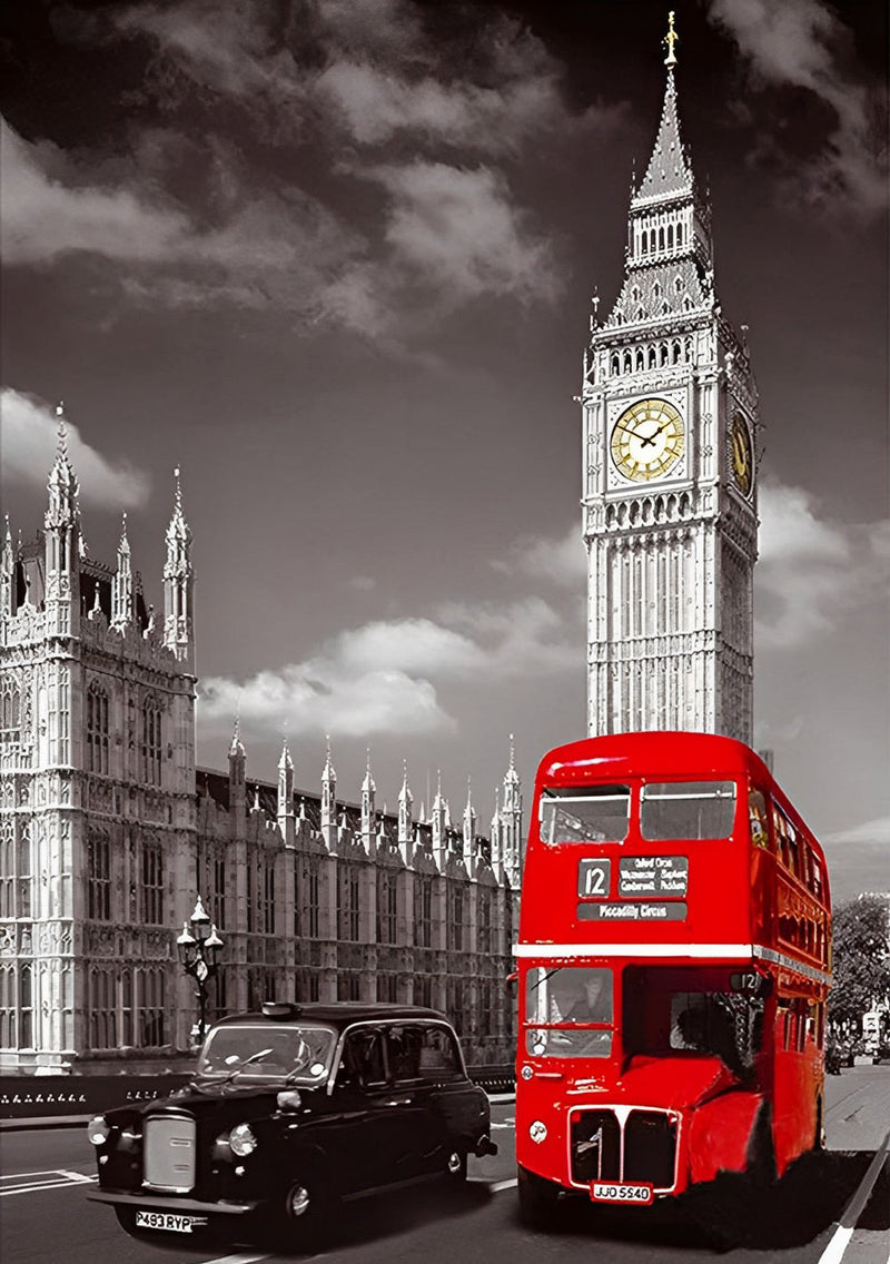 Big Ben et Autobus à Deux Etages Rouge Broderie Diamant