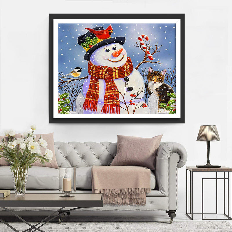 Bonhomme de Neige, Chat et Mésanges Broderie Diamant