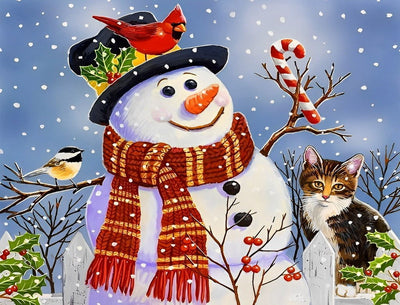 Bonhomme de Neige, Chat et Mésanges Broderie Diamant