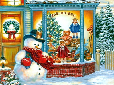 Bonhomme de Neige devant la Vitrine Broderie Diamant