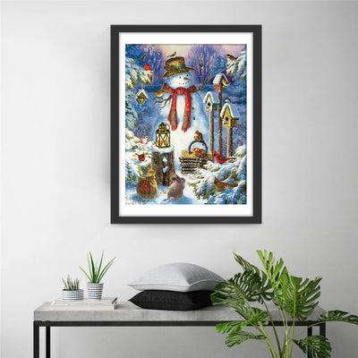 Bonhomme de Neige Entouré de Cabanes à Oiseaux Broderie Diamant