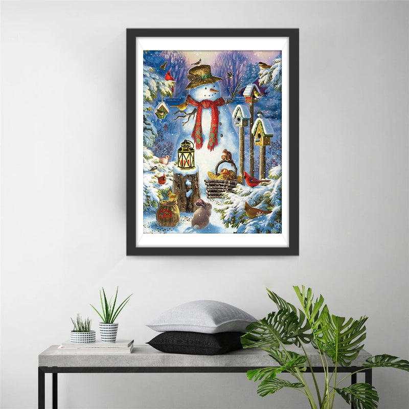 Bonhomme de Neige Entouré de Cabanes à Oiseaux Broderie Diamant