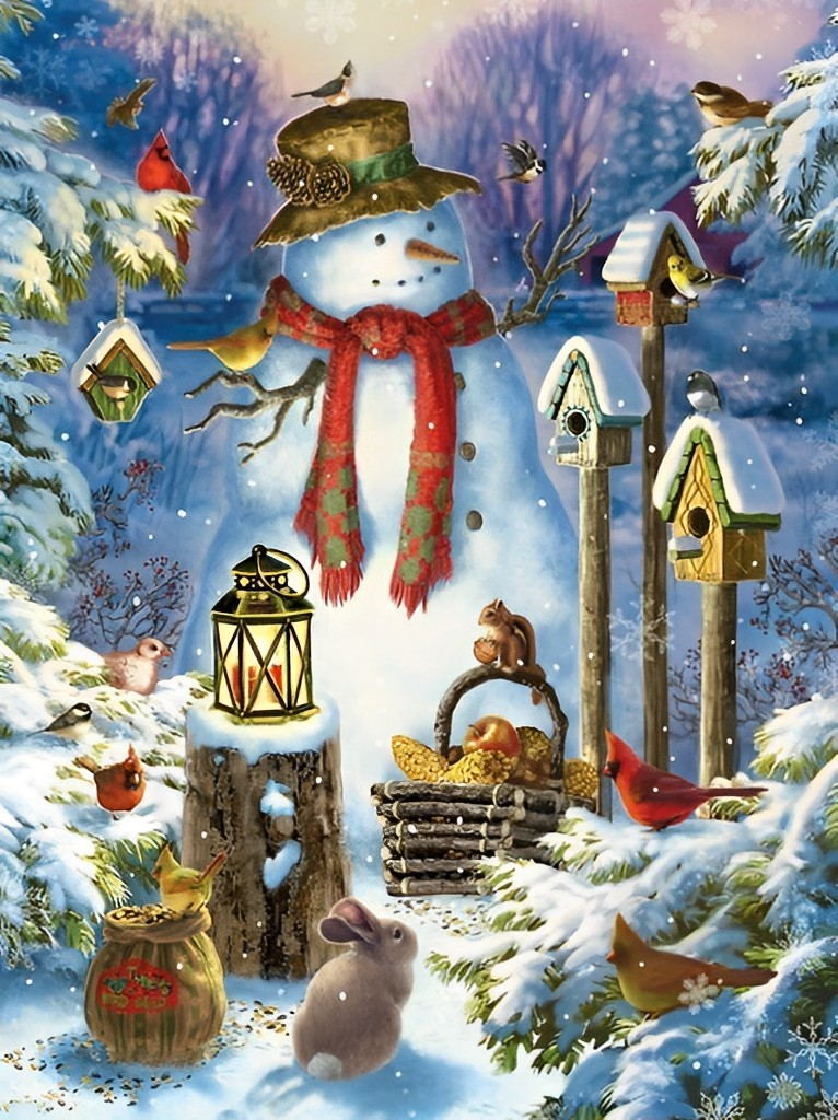 Bonhomme de Neige Entouré de Cabanes à Oiseaux Broderie Diamant