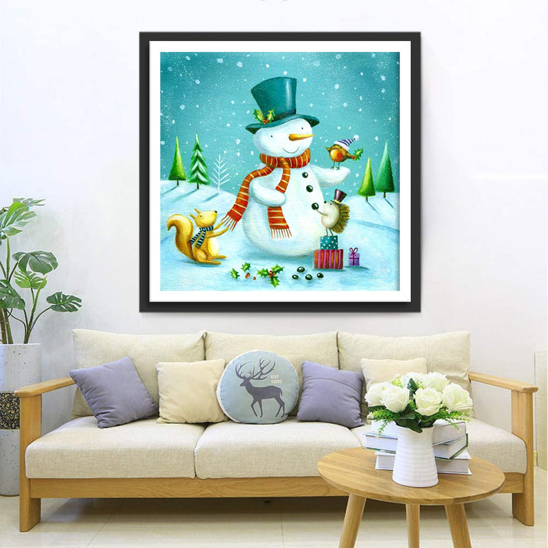 Bonhomme de Neige et Animaux dans la Forêt Broderie Diamant