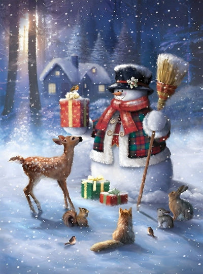 Bonhomme de Neige et Animaux Oranges Broderie Diamant
