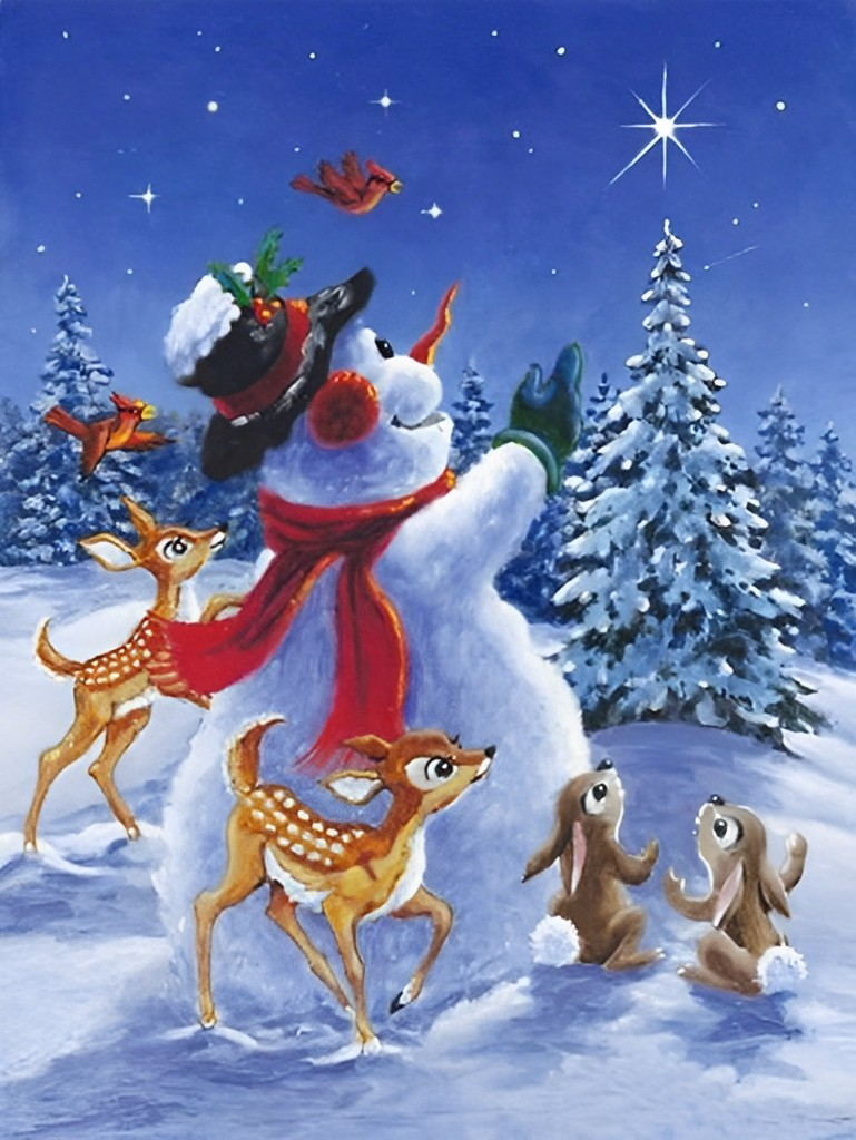 Bonhomme de Neige et Bestioles Regardant les Etoiles Broderie Diamant