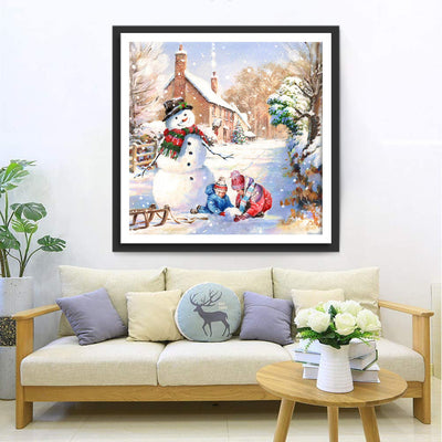 Bonhomme de Neige et Deux Enfants Broderie Diamant