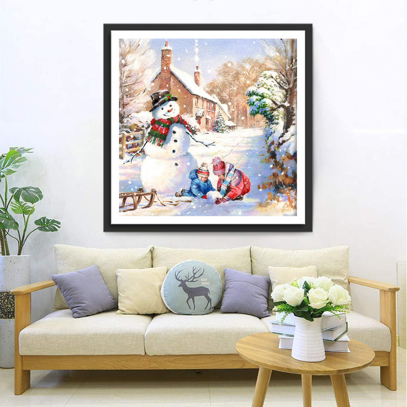 Bonhomme de Neige et Deux Enfants Broderie Diamant
