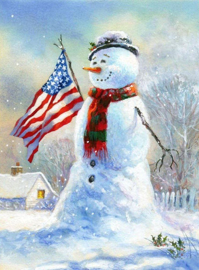 Bonhomme de Neige et Drapeau des Etats-Unis Broderie Diamant
