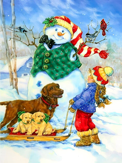 Bonhomme de Neige et Fille avec des Chiens Broderie Diamant