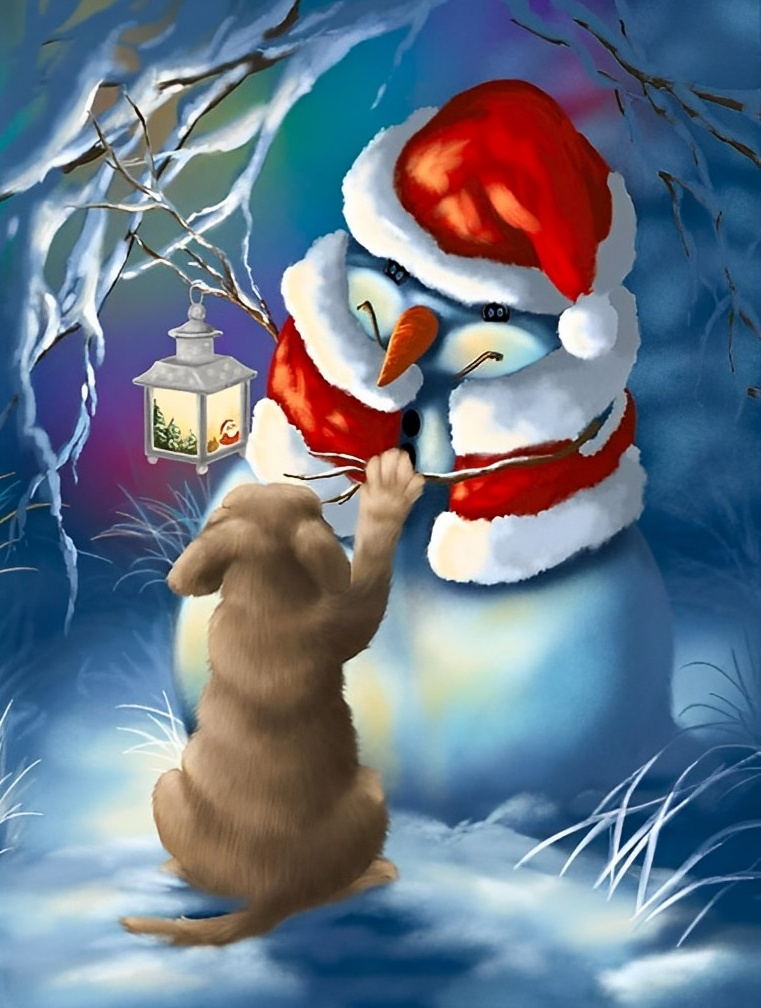 Bonhomme de Neige et Golden Retriever Broderie Diamant