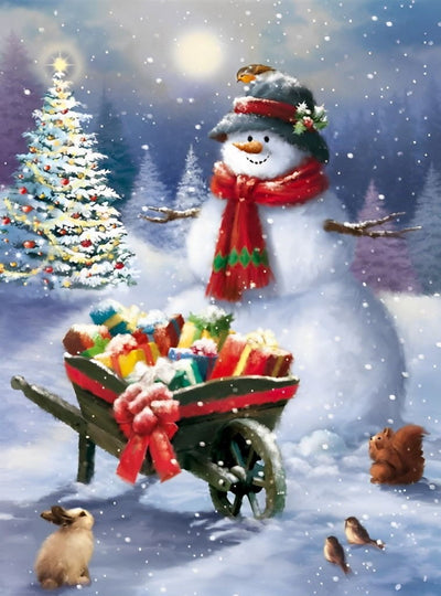 Bonhomme de Neige et la Poussette de Cadeaux Broderie Diamant