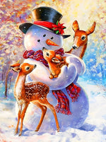 Bonhomme de Neige et les Adorables Petits Cerfs Broderie Diamant
