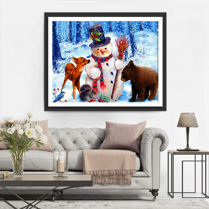 Bonhomme de Neige et les Petits Animaux de la Forêt Broderie Diamant