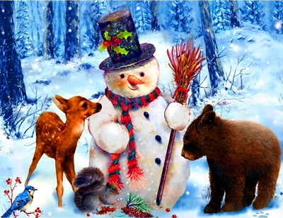 Bonhomme de Neige et les Petits Animaux de la Forêt Broderie Diamant