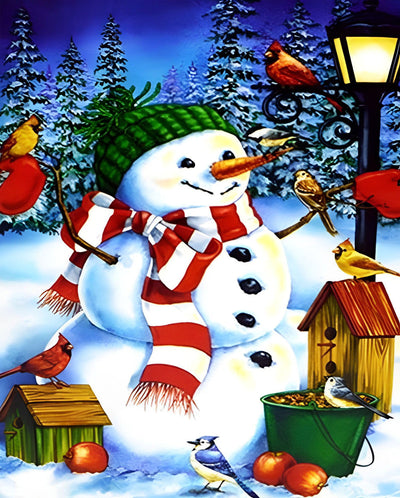 Bonhomme de Neige et Maisons d'Oiseaux Broderie Diamant