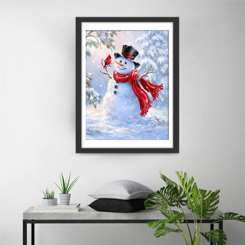 Bonhomme de Neige et Mésange Rouge Broderie Diamant
