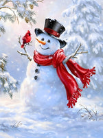 Bonhomme de Neige et Mésange Rouge Broderie Diamant